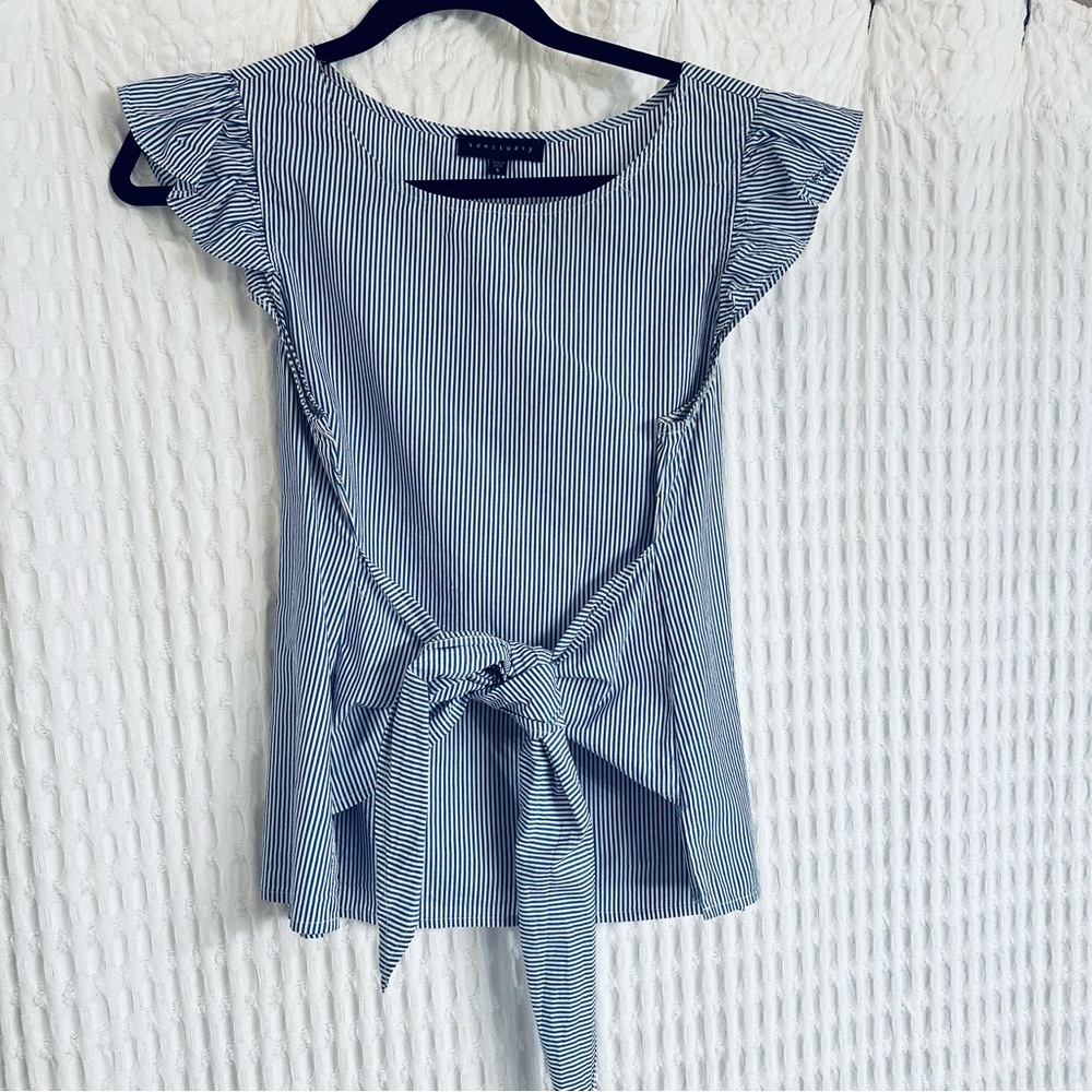 Sanctuary Navy Striped Ruffle Sleeve Blouse